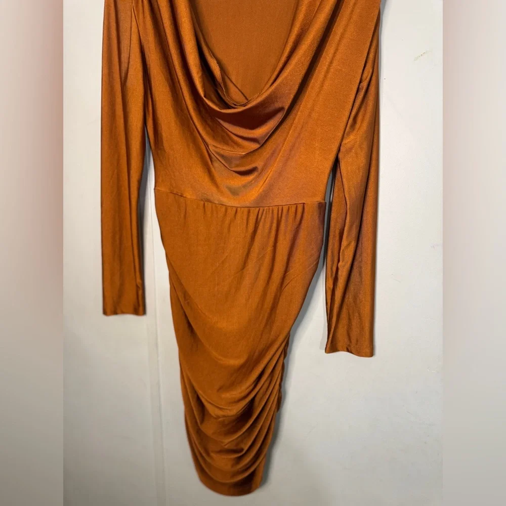 SHEIN Brown Ruched Bodycon Dress Cowl Neck Sleeveless - Picture 6 of 7
